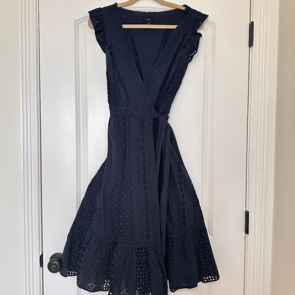 Jcrew Navy Blue Eyelet Wrap Dress